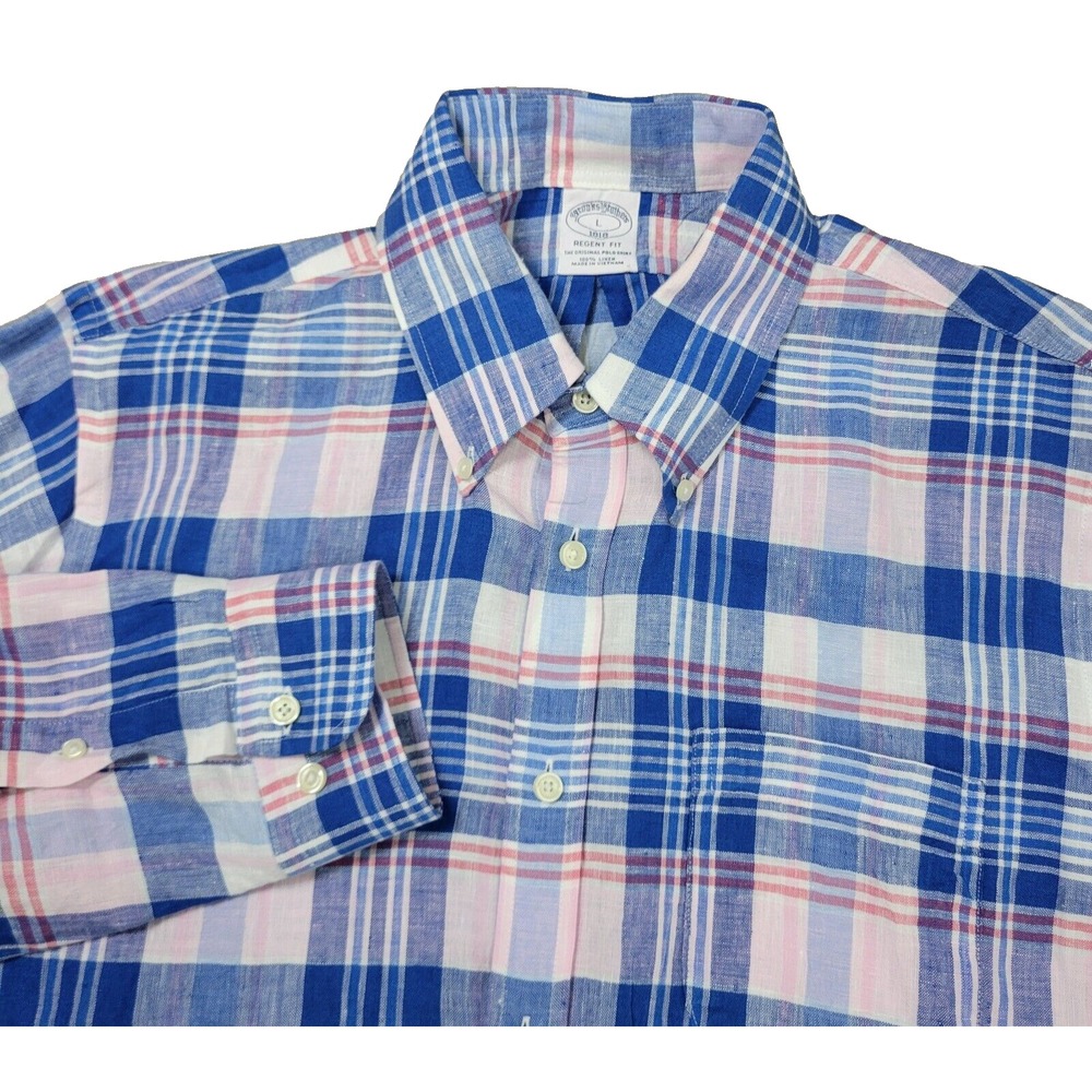 Brooks Brothers 1818 Regent Fit Mens Large Blue Red Plaid 100% Linen Button Down